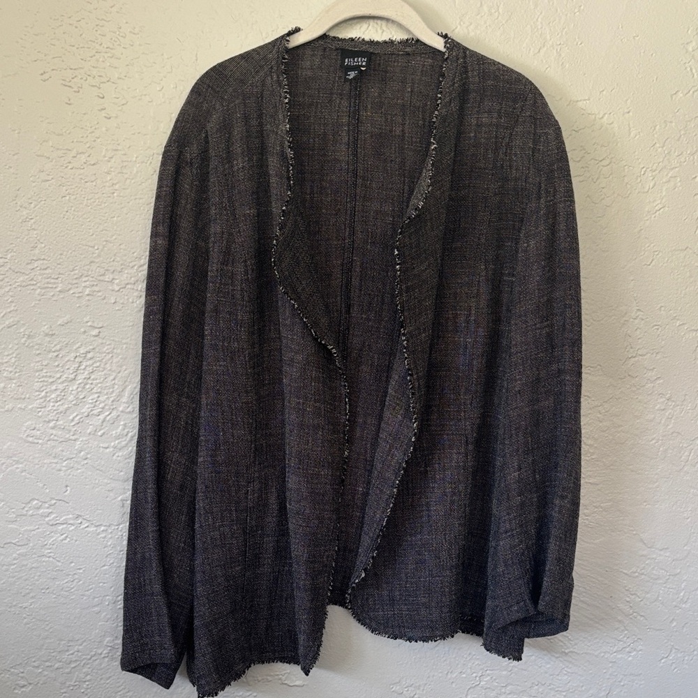 Eileen Fisher Charcoal Tweed Linen Blend  Open Front Jacket XL